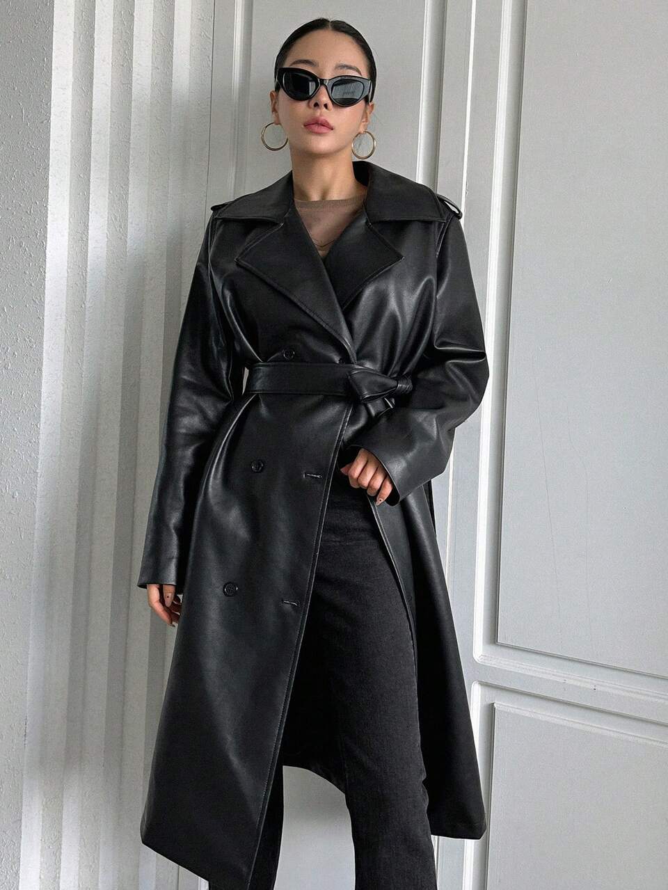 Lapel Neck Slant Pocket Patent Trench Coat,Fall Clothes Women Jacket