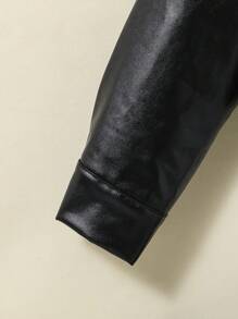 SHEIN Tween Girl Flap Pocket Hooded PU Leather Jacket - Black - View 5