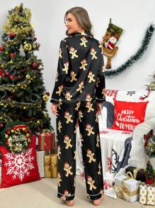 Christmas Gingerbread Man Print Contrast Piping Satin PJ Set, Fall Winter Clothes