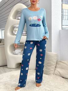 Floral & Letter Graphic Bow Front PJ Set / Pajama Set, Fall Winter Clothes - Multicolor - View 3