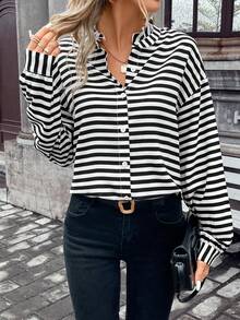 SHEIN Frenchy 條紋印花落肩袖襯衫 - 黑與白 - 查看 6