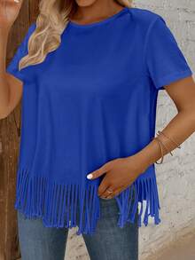 SHEIN LUNE Solid Fringe Hem Tee - Royal Blue - View 5
