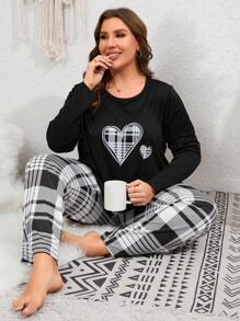 Plus Plaid & Heart Print PJ Set / Pajama Set, Fall Winter Clothes, Cozy Outfit