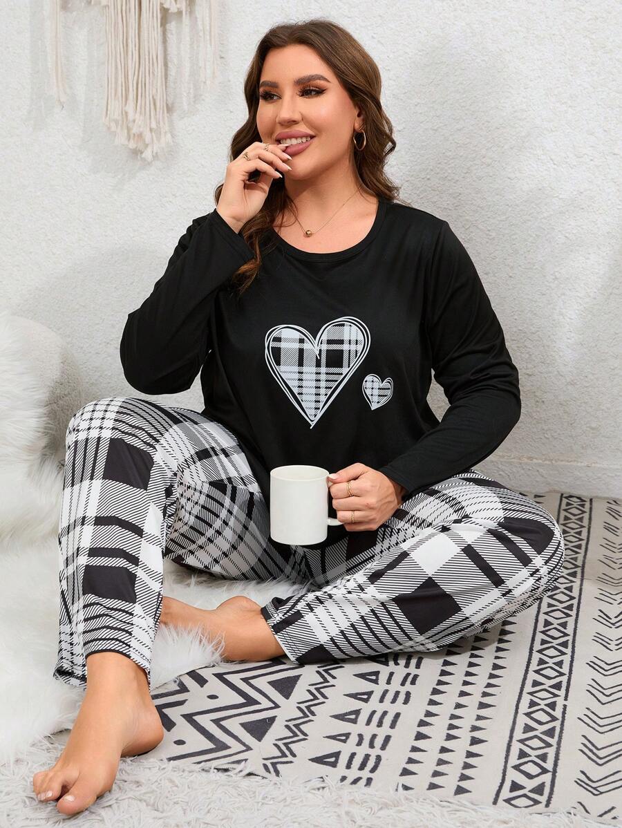 Plus Plaid & Heart Print PJ Set / Pajama Set, Fall Winter Clothes, Cozy Outfit