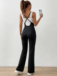 SHEIN EZwear 素色喇叭背帶連身褲不附吊帶上衣 - 黑色 - 查看 6