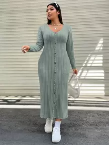 SHEIN EZwear Plus Button Through Ribbed Knit Dress - Mint Green - View 1