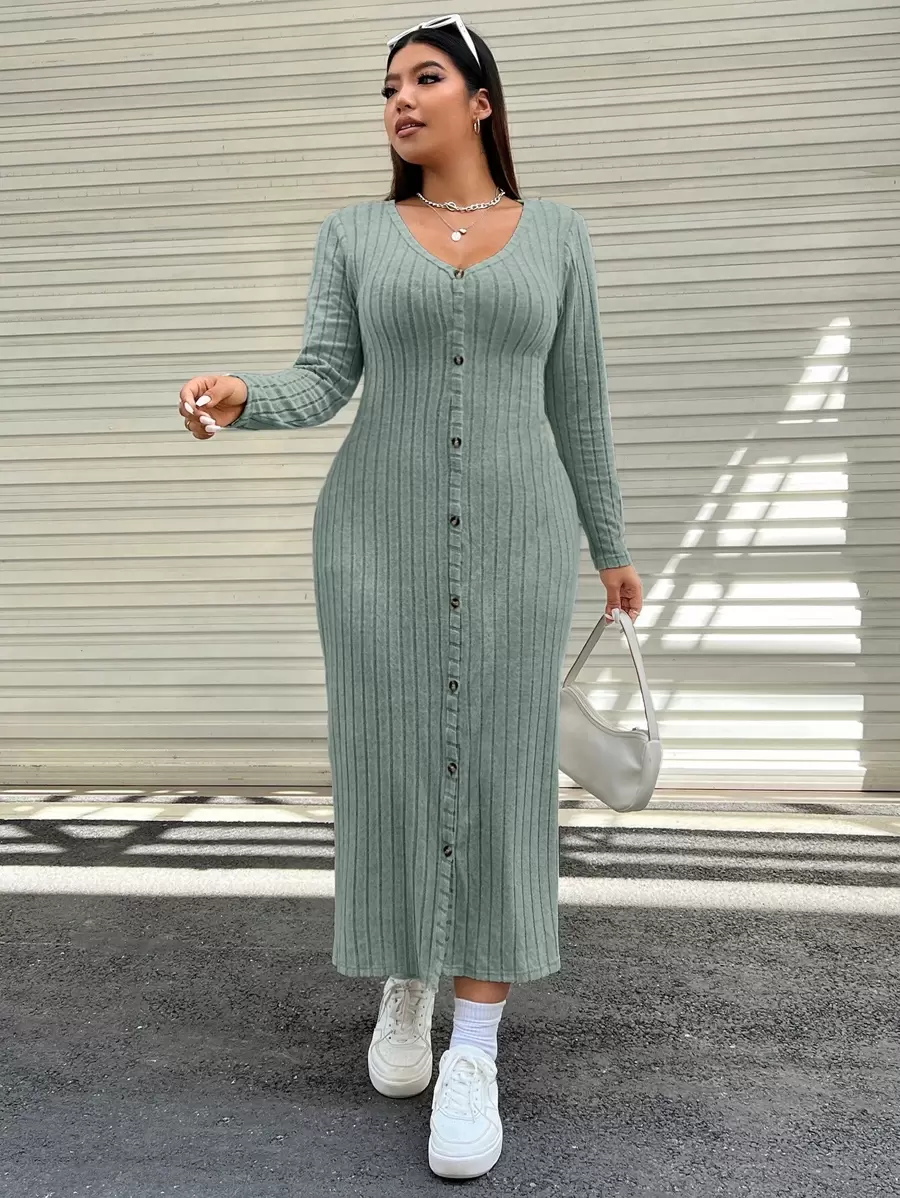 SHEIN EZwear Plus Button Through Ribbed Knit Dress - Mint Green - View 1