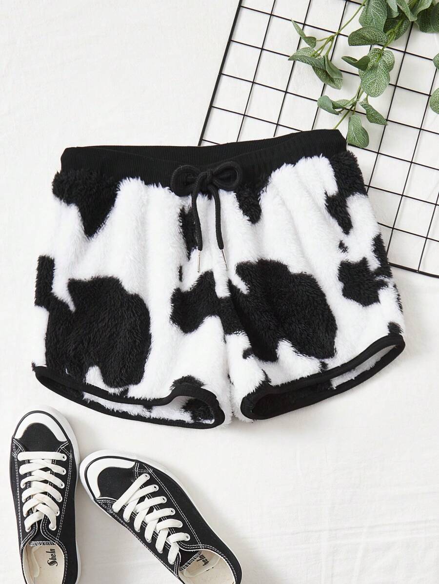 SHEIN EZwear Hơn In hoa bò Eo dây rút Teddy Quần short - Đen và trắng - Xem 1
