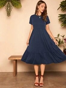 SHEIN LUNE Đầm ngắn tay màu trơn dáng casual dành cho nữ. - Màu xanh hải quân - Xem 3