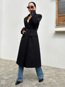 DAZY Lapel Neck Double Button Longline Blazer, Fall Women Clothes Business Attire - Black - View 5