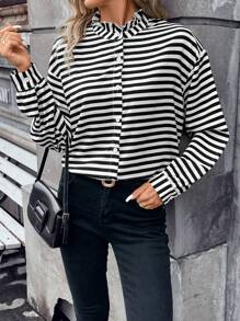 SHEIN Frenchy 條紋印花落肩袖襯衫 - 黑與白 - 查看 1