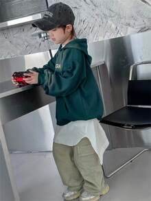 青少年男孩单件字母图案袋鼠口袋抽绳卫衣 - 墨綠色 - 查看 7