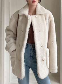 DAZY Áo khoác nữ Teddy hai túi cài hai hàng khuy, Quần áo nữ mùa thu - Màu be - Xem 3