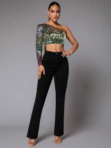 SHEIN BAE Christmas One Shoulder Sequin Crop Top - Multicolor - View 5
