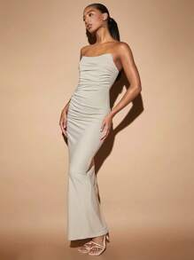 SHEIN BAE Solid Ruched Side Bodycon Dress - Apricot - View 4