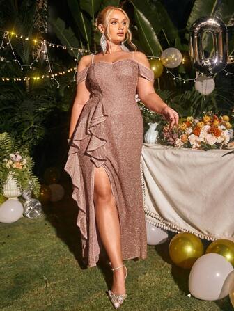 Glamaker Plus Cold Shoulder Ruffle Trim Split Thigh Sequin Party Dress