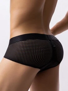 Men's Black Mesh Fabric Plain Cut Out Naughty Briefs Underwear With Medium Stretch - Black - View 2