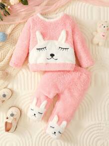 Baby Girl Cartoon Embroidery 3D Ears Design Teddy Sweatshirt & Pants - Pink - View 1