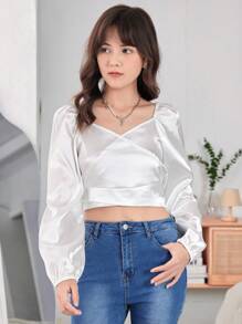 Teen Girl Solid Tie Back Wrap Blouse