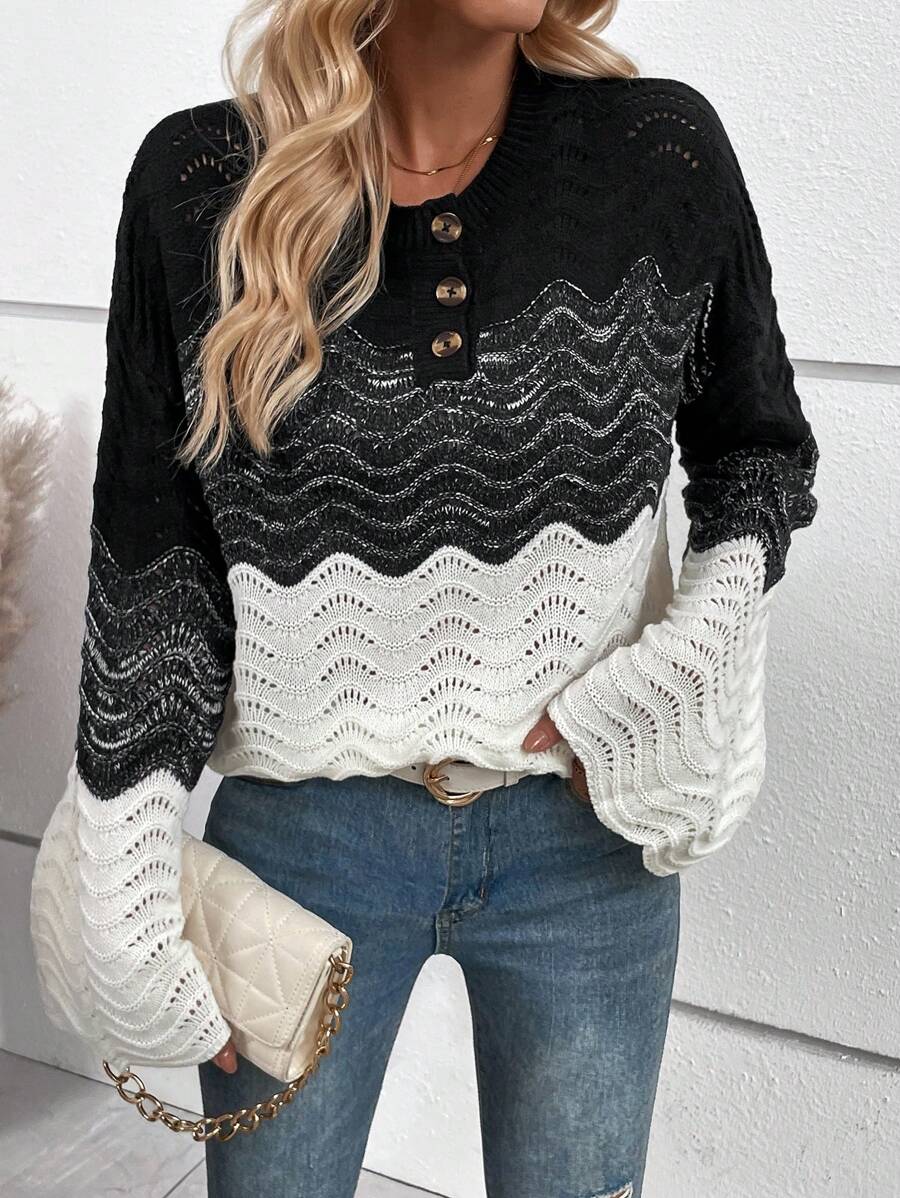 SHEIN LUNE Color Block Drop Shoulder Pointelle Knit Half Button Knit Pullover Fall Winter Sweater - Multicolor - View 1