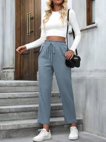 SHEIN LUNE Knot Front Straight Leg Pants - Blue - View 6