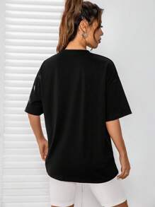 SHEIN EZwear 標語圖案落肩T恤 - 黑色 - 查看 2