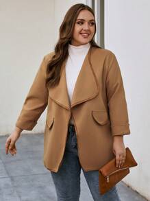 SHEIN LUNE 大碼撞色滾邊開門襟花呢外套 - 棕色 - 查看 3