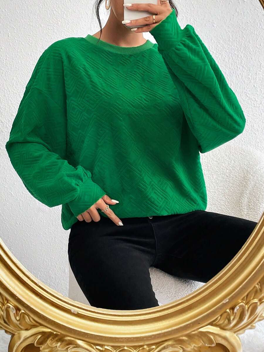 SHEIN Essnce 素色落肩袖運動衫 - 綠色 - 查看 1