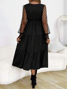 SHEIN 休閒網拼接 荷葉邊 多層分層圓點孕婦連身裙 - 黑色 - 查看 2