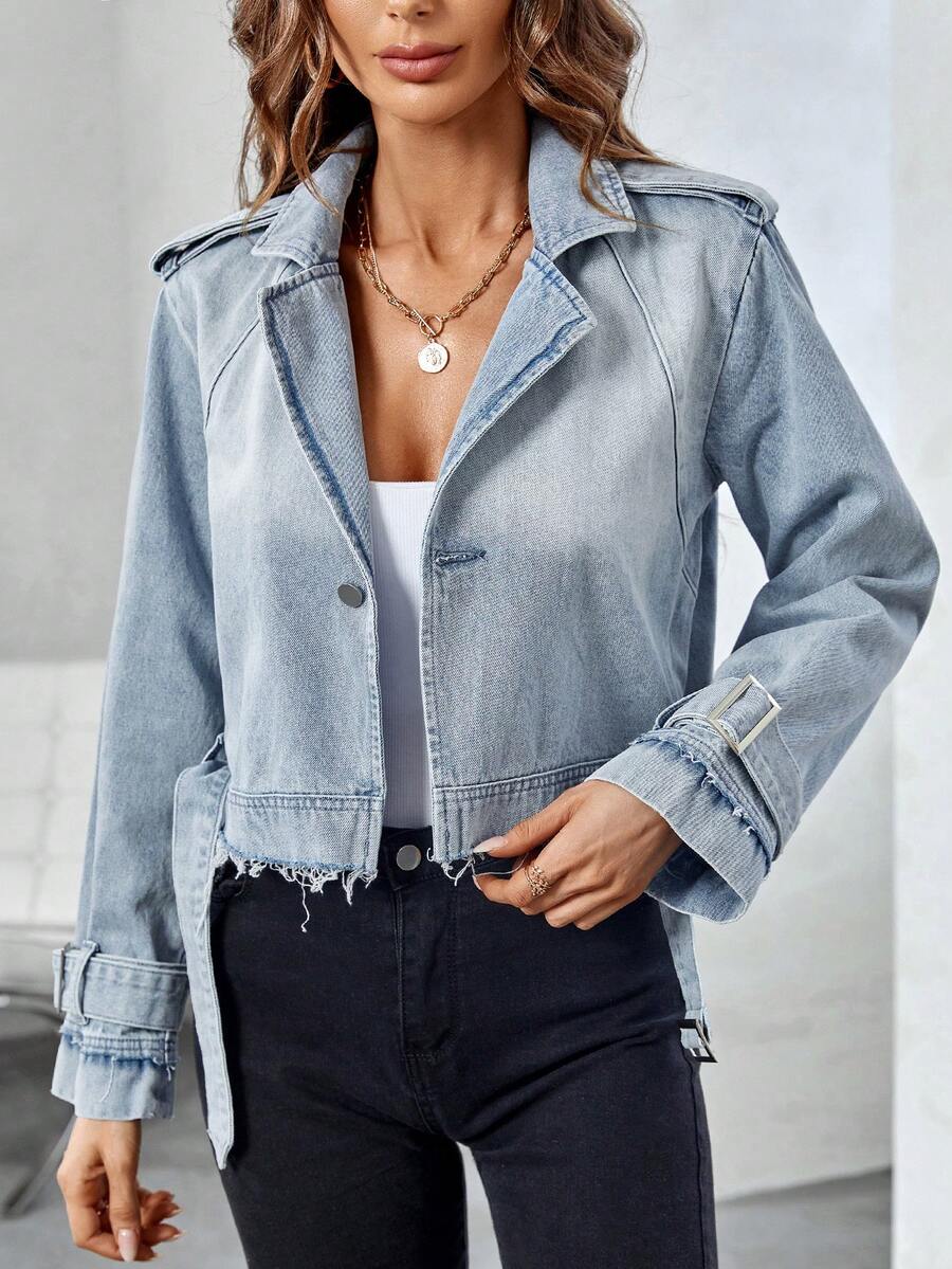 SHEIN Essnce 帶扣細節牛仔夾克 - 淺色水洗藍 - 查看 1