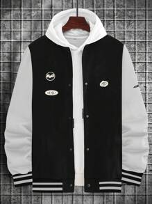 Manfinity Homme 休閒貼布 口袋 前紐扣字母男士外套 - 黑與白 - 查看 4