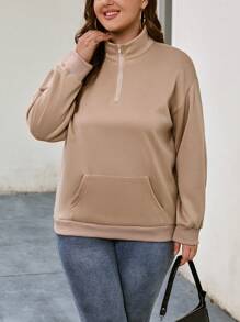 SHEIN LUNE Hơn Túi kangaroo Một nửa khóa kéo Thả vai Áo nỉ - Màu Khaki - Xem 4