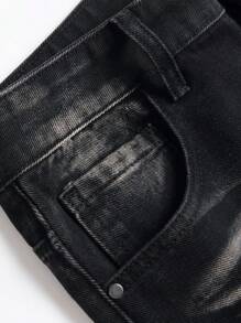 男士星星補丁貼破洞抽鬚牛仔褲 - 黑色 - 查看 6