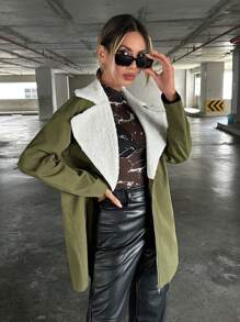 SHEIN Essnce 西裝領毛絨內襯拉鏈開襟外套