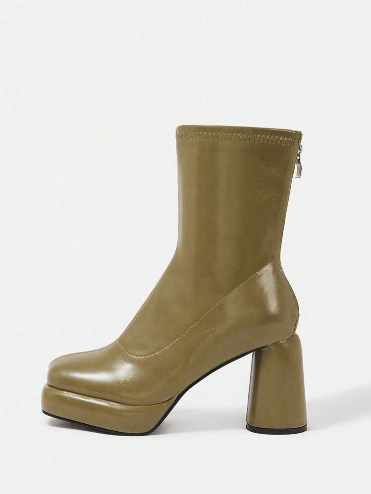 SheIn SXY נשים עיצוב פשוט עבה עקב מגפיים אופנתיות עם חלק אחורי רוכסן ו צבע אחיד - ירוק - ראה 2