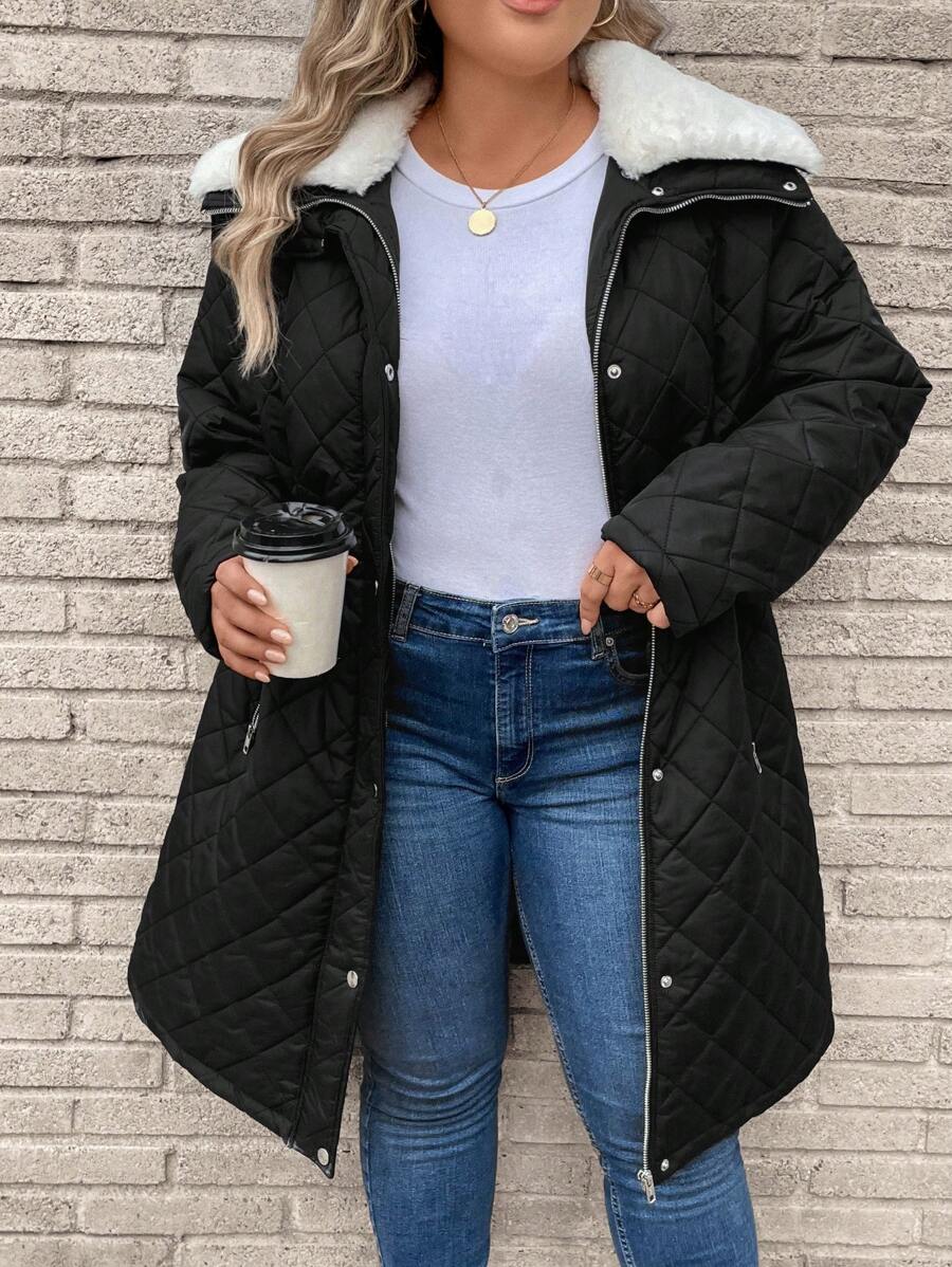 SHEIN LUNE Plus Borg Collar Zipper Quilted Coat - Black - View 1
