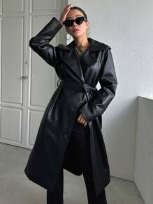 DAZY 翻领斜插口袋漆皮风衣，秋季女装外套 - 黑色 - 查看 3