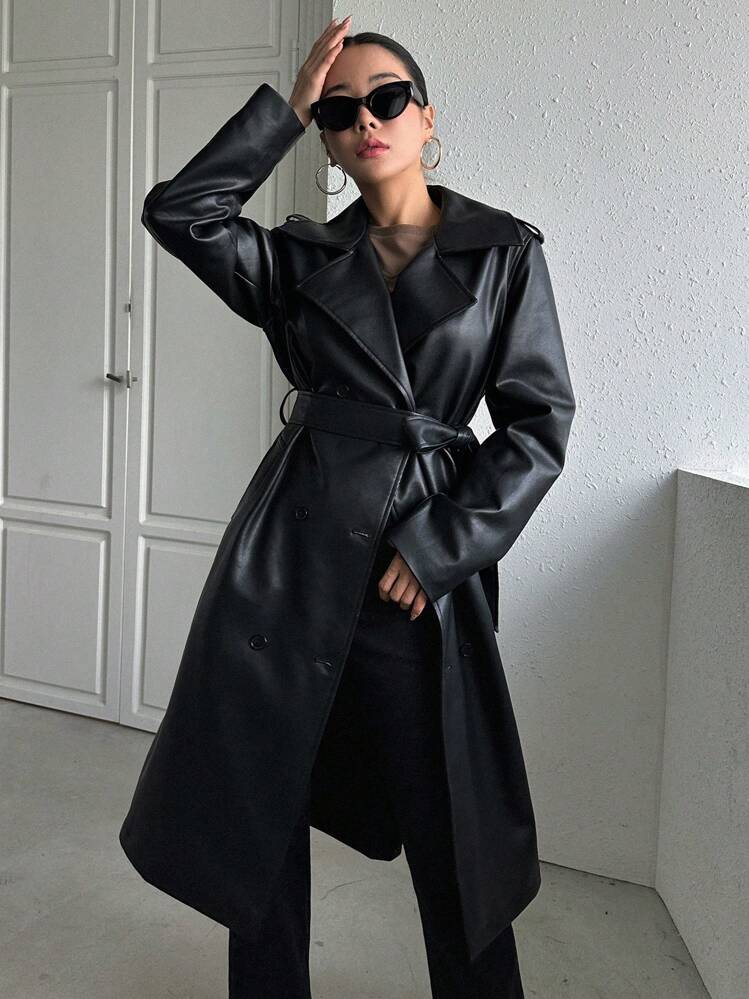DAZY Lapel Neck Slant Pocket Patent Trench Coat,Fall Clothes Women