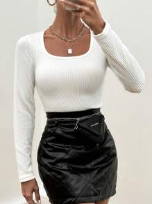 Solid Square Neck Ribbed Knit Tee - White - View 1