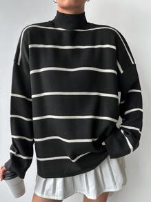 EURMUSE Áo len cổ đứng kẻ sọc nhiều màu sắc thường ngày dành cho nữ, Thu/Đông - màu đen - Xem 1