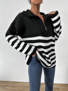 EURMUSE Striped Pattern Quarter Zip Drop Shoulder Sweater - Black and White - View 5