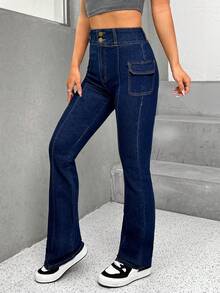 SHEIN EZwear Túi có nắp Quần ống loe - Rửa tối - Xem 5