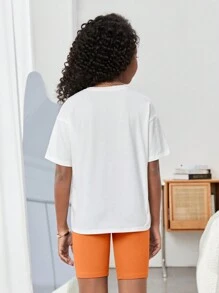 SHEIN Tween Girl Car & Letter Graphic Drop Shoulder Tee & Biker Shorts - Orange - View 2