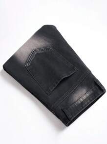 男士星星補丁貼破洞抽鬚牛仔褲 - 黑色 - 查看 3