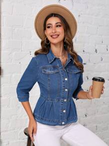 SHEIN LUNE Flap Detail Ruffle Hem Denim Jacket - Blue - View 5