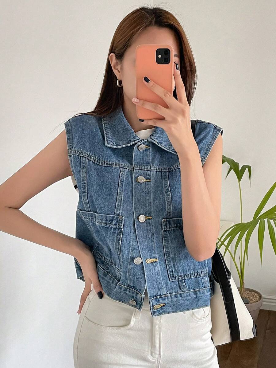 DAZY Flap Pocket Button Front Denim Top - Medium Wash - View 1