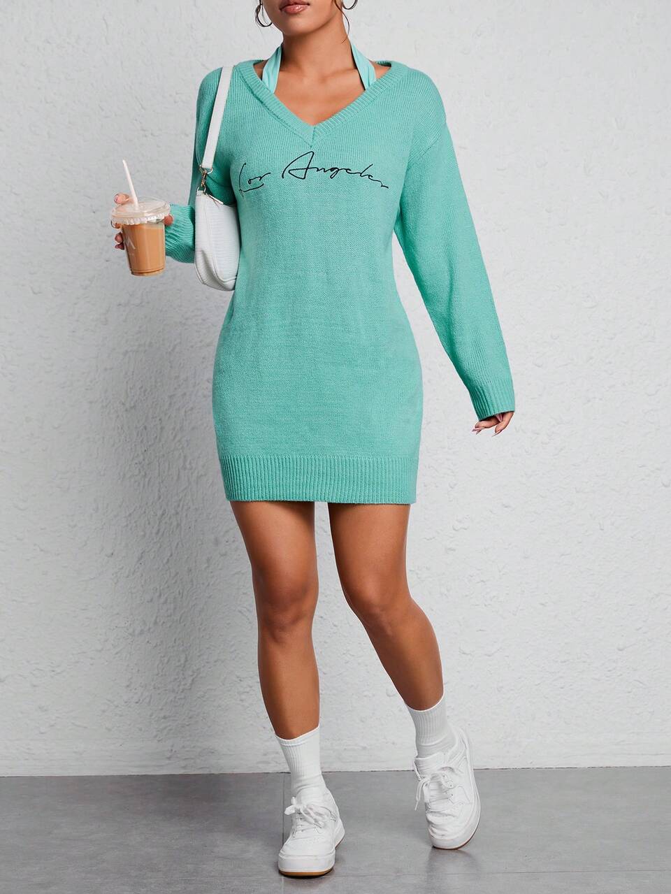 Letter Graphic Drop Shoulder Sweater Dress ,Petite Women
