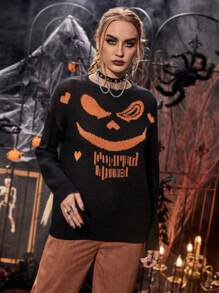 PUNK 万圣节图案落肩针织套头衫秋冬毛衣 - 黑色 - 查看 3