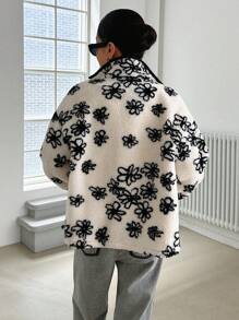 DAZY Floral Print Drop Shoulder Teddy Jacket,Fall Women Clothes