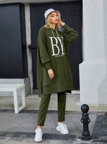 Mulvari Letter Graphic Drawstring Hoodie & Sweatpants Set - Army Green - View 1